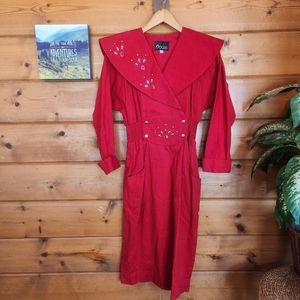 First Focus 💜 Vintage Red Dress Studded Shirred Stretch Pocket Jewel Corduroy 4